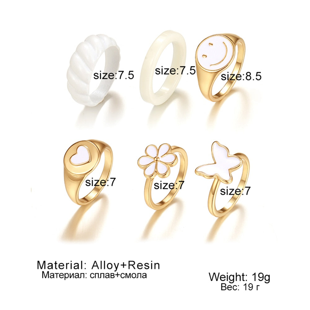 KISS WIFE Vintage Golden Heart Smile Rings Set for Women Ins Style Colorful Love Rings Cute Finger Rings for Girls Jewelry Gifts