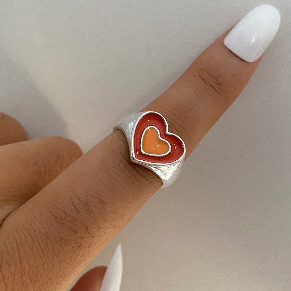 KISS WIFE Vintage Golden Heart Smile Rings Set for Women Ins Style Colorful Love Rings Cute Finger Rings for Girls Jewelry Gifts