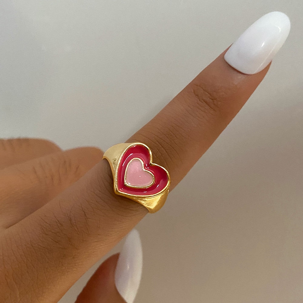 KISS WIFE Vintage Golden Heart Smile Rings Set for Women Ins Style Colorful Love Rings Cute Finger Rings for Girls Jewelry Gifts