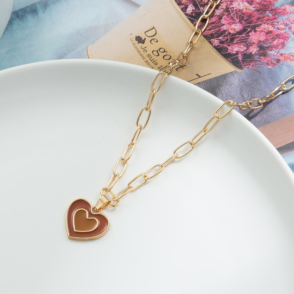 KISSWIFE Vintage Colorful Multilayered Heart Necklace For Women Couples Lovers Fashion Gold Color Chain Necklaces Gifts Jewelry