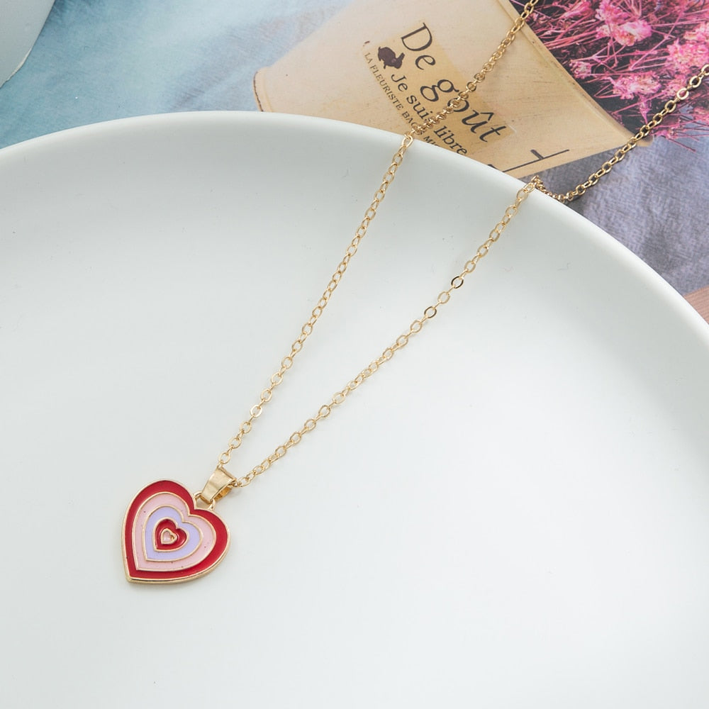 KISSWIFE Vintage Colorful Multilayered Heart Necklace For Women Couples Lovers Fashion Gold Color Chain Necklaces Gifts Jewelry