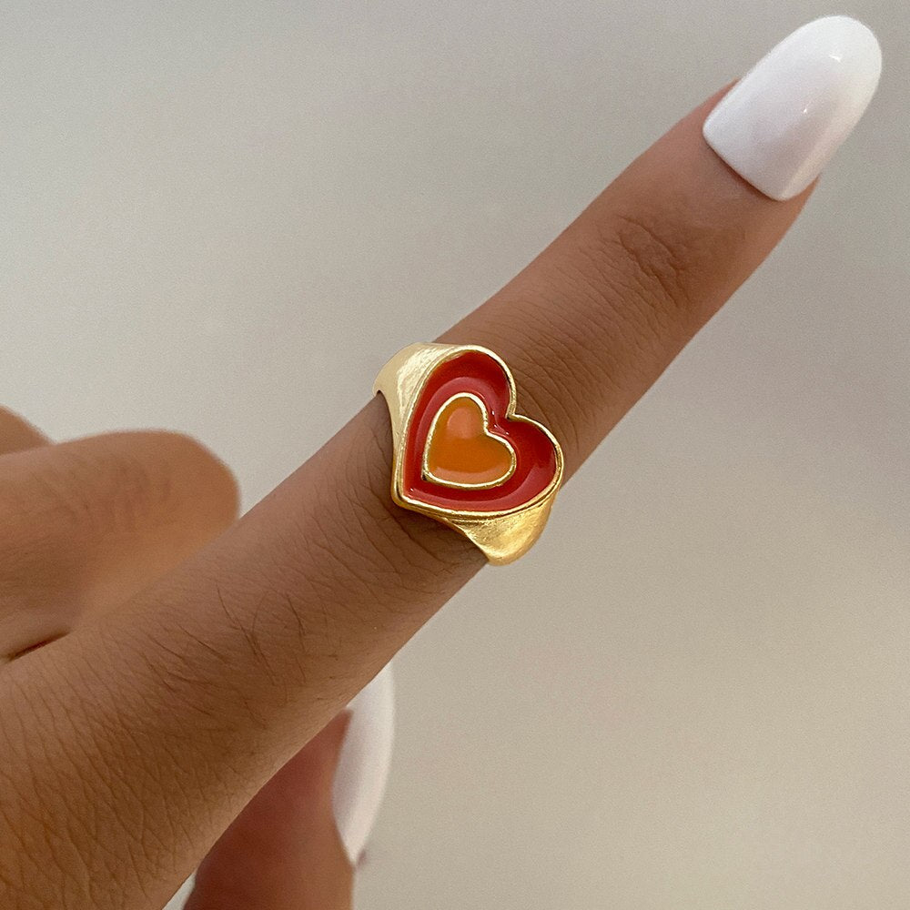 KISS WIFE Vintage Golden Heart Smile Rings Set for Women Ins Style Colorful Love Rings Cute Finger Rings for Girls Jewelry Gifts