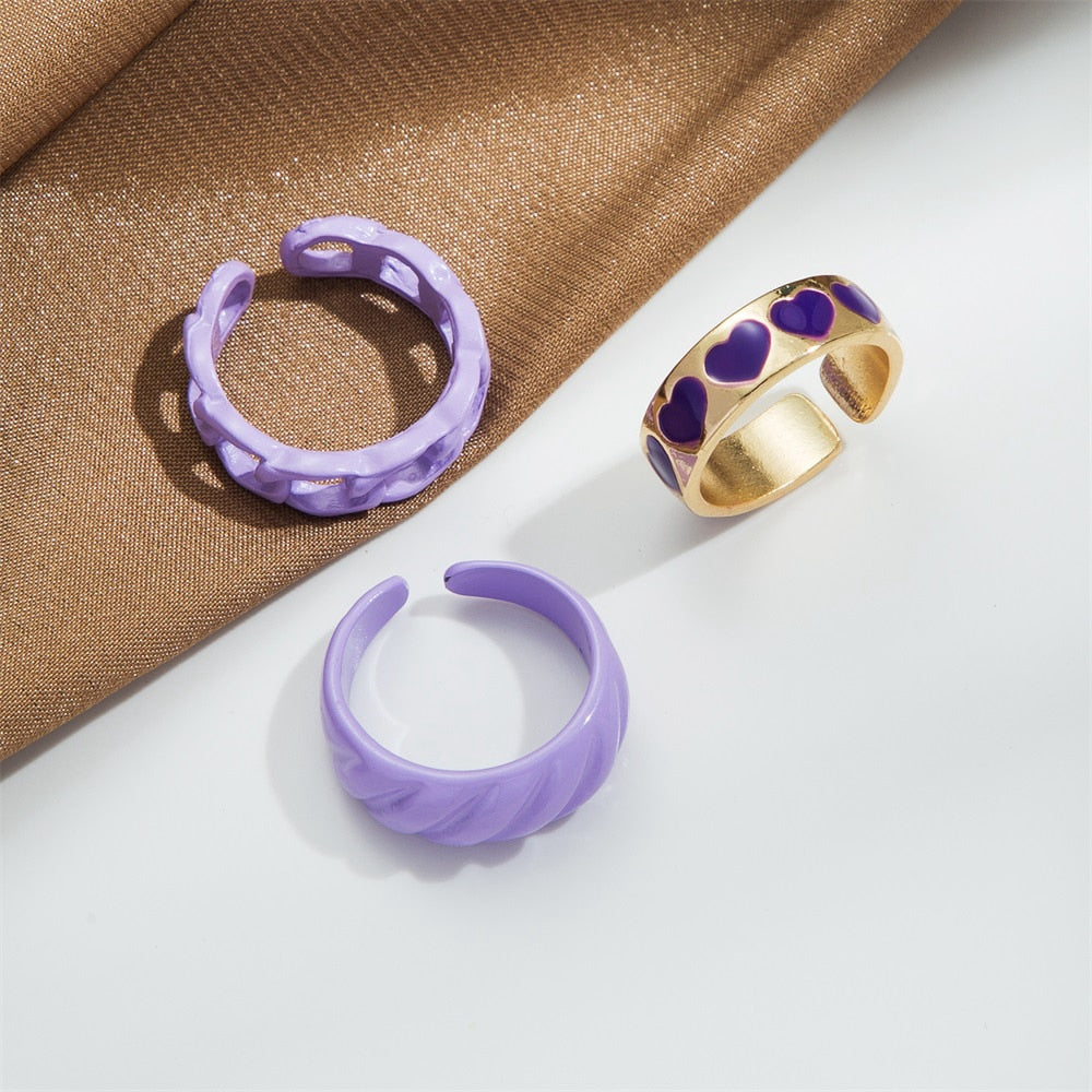 KISS WIFE Vintage Golden Heart Smile Rings Set for Women Ins Style Colorful Love Rings Cute Finger Rings for Girls Jewelry Gifts
