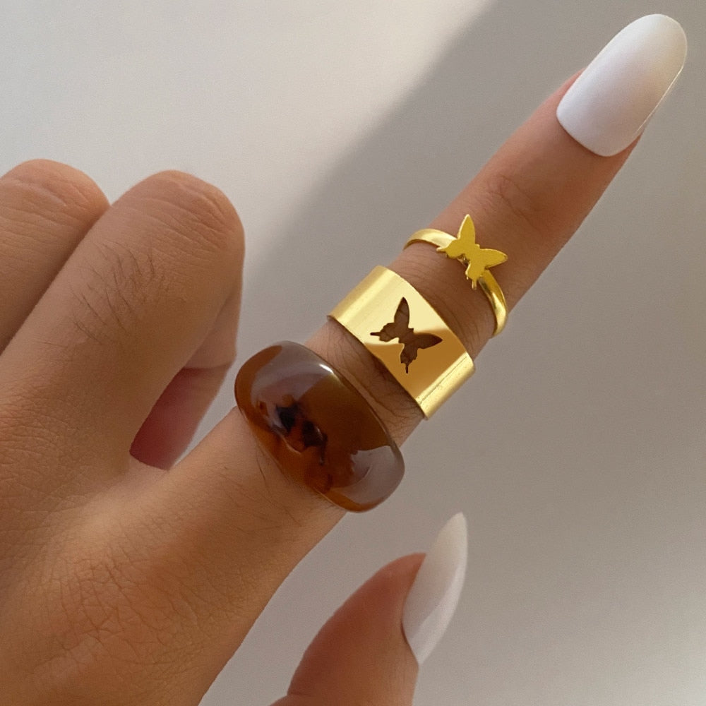 KISS WIFE Vintage Golden Heart Smile Rings Set for Women Ins Style Colorful Love Rings Cute Finger Rings for Girls Jewelry Gifts